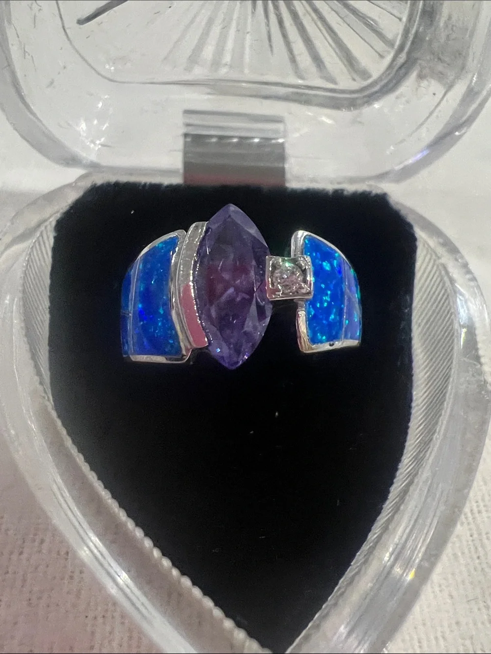 B#74-Sterling Silver Purple Marquise Center Ring with Blue Opal Accents